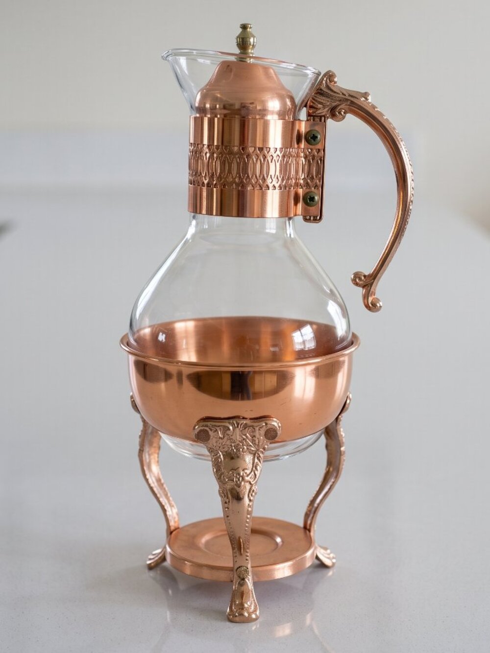 Vintage Princess House Copper Glass Coffee Tea Carafe Warming Stand Set 14” Tall